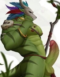 abs balls bone bone_mask bottomwear bottomwear_aside clothing clothing_aside erection genitals glans green_body hi_res humanoid_genitalia humanoid_penis loincloth loincloth_aside male mask muscular muscular_male navel nipples pecs penis scalie simple_background skull skull_mask solo staff tail terraria white_background witch_doctor_(terraria) yop5281
