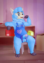 1boy alpaca animal_crossing anthro apron big_testicles blue_fur blue_penis camelid clothing cyrus_(animal_crossing) erection feet fur furry heddy hooves looking_at_viewer male_only mammal naked_apron nintendo open_mouth penis poking_out reclining signature sitting slightly_chubby solo spread_legs spreading stool testicles text thick_penis veins veiny_penis video_games