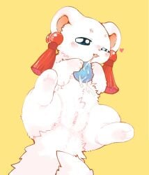 accessory blush bodily_fluids fabulous_beasts female fenz_(studio) feral fur gem genital_fluids genitals heart_symbol herpestid kirichiiii lying mammal mongoose mustelid mythological_creature mythology saliva saliva_on_tongue seductive simple_background solo teasing tongue tongue_out tubaoshu_(fabulous_beasts) vaginal_fluids white_body white_fur