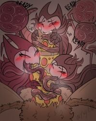 aged_up cock_worship collaborative_fellatio fellatio female foursome grimm_(hollow_knight) grimmchild_(hollow_knight) hollow_knight large_penis nightmare_king_grimm rule_63 teamwork wywyrm