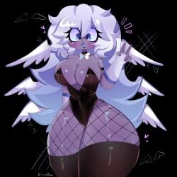 1girls 2026 angel_wings black_background blue_eyes blush breasts bunny_costume color colored digital_media_(artwork) emily_(hazbin_hotel) female female_only fishnets grey_body hair hazbin_hotel hi_res huge_thighs large_thighs legs legwear light-skinned_female light_skin long_hair nixiepaws open_mouth simple_background solo thick_thighs thighhighs v v_sign white_hair wings