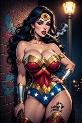 1girls ai_generated black_hair cigarette collar corruption dc dc_comics fake_art gold_collar prostitute prostitution smoking tagme tattoo whore wonder_woman wonder_woman_(series)