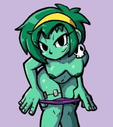 1girls 2024 bent_forward black_eyes breasts earrings female female_only gorllus green_body green_hair green_nipples green_skin headband looking_at_viewer nipples panties purple_background purple_panties rottytops shantae short_hair skull_earrings thick_thighs thighs wayforward zombie zombie_girl
