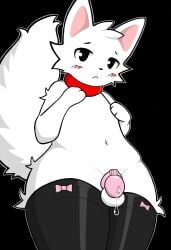 1boy blush bodily_fluids boy_kisser_(meme) chastity_cage chastity_device choker clothing coffeelupis domestic_cat dripping felid feline felis fur genital_fluids hi_res jewelry legwear looking_at_viewer male mammal meme necklace precum precum_drip silly_cat_(mauzymice) solo thigh_highs white_body white_fur