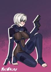 1girls big_breasts bodysuit breasts breasts_visible_through_clothing female female_only form_fitting gun holding_gun holding_object holding_weapon indie_virtual_youtuber mrwalry nipples nipples_visible_through_clothing saruei_(vtuber) short_hair skin_tight solo stirrup_legwear virtual_youtuber white_hair