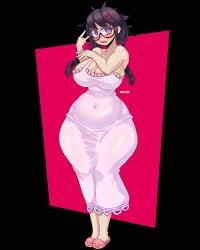 1girls belly_button blush braided_hair breasts cathy_(marrii1n) curvy female freckles freckles_on_breasts freckles_on_face freckles_on_shoulders glasses large_breasts marrii1n messy_hair nightgown original_character round_glasses see-through_clothing slippers solo thick_thighs twin_braids twintails voluptuous