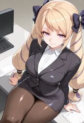 ai_generated arm_support bangs black_jacket black_skirt blonde_hair bow breasts brown_pantyhose closed_mouth collared_shirt computer desk dress_shirt drill_hair elise_(fire_emblem) female fire_emblem fire_emblem_heroes formal hairbow jacket keyboard_(computer) large_breasts long_hair long_sleeves looking_at_viewer miniskirt minus5 monitor multicolored_hair office_lady on_desk pantyhose paper pencil_skirt purple_eyes purple_hair ribbon shiny shiny_clothes shirt sitting skirt skirt_suit smile solo suit thighs twin_drills twintails white_shirt