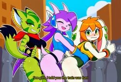 ai_generated anthro aquatic_dragon basset_hound blush blush_lines bodily_fluids breasts canid canine canis carol_tea city clothed clothing crowd dialogue dildo domestic_dog dragon felid feline felis female female/female female_penetrated female_penetrating female_penetrating_female fingerless_gloves freedom_planet from_behind_position fur furry galaxytrail genital_fluids gesture gloves green_body green_eyes green_fur group group_sex hair half-closed_eyes handwear hunting_dog interspecies looking_at_viewer looking_pleasured mammal marine milla_basset motion_lines mythological_creature mythological_scalie mythology narrowed_eyes one_eye_closed open_mouth orange_hair outside penetration public public_sex purple_body purple_eyes purple_hair purple_skin pussy_juice sash_lilac scalie scent_hound sex sex_toy sex_toy_insertion smile strapon strapon_sex text thrusting thumbs_up topwear toying_partner train_position trio vaginal_penetration white_body white_fur wink worried