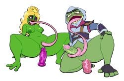 2026 3_toes 4_fingers 4_toes absurd_res amphibian anal anal_sex anthro areola arm_support autocunnilingus autotonguejob balls big_breasts big_tongue biped black_clothing black_eyebrows black_gloves black_handwear blonde_hair blue_eyes blush bodily_fluids bottomless bottomless_anthro bottomless_male breasts brown_eyebrows bullfrog_(captain_laserhawk) captain_laserhawk:_a_blood_dragon_remix clothed clothed_anthro clothed_male clothing crossover crown digital_media_(artwork) dildo dildo_in_ass dildo_in_vagina dildo_insertion dildo_sitting duo enchanted_portals erection eyebrows eyelashes eyeshadow feet female female_anthro fingerless_gloves fingers frog genital_fluids genitals glans glistening glistening_breasts glistening_eyes glistening_genitalia glistening_glans glistening_penis gloves green_areola green_balls green_body green_nipples green_penis green_skin hair hand_on_leg hand_on_own_leg handwear headgear hi_res hood hood_up humanoid_genitalia humanoid_penis long_tongue looking_down lovetopullmicke makeup male male_anthro masturbation motion_lines navel nipples non-mammal_balls non-mammal_breasts non-mammal_navel non-mammal_nipples non-mammal_vulva nude nude_anthro nude_female object_in_ass open_mouth oral oral_masturbation penetration penis pink_dildo pink_glans precum prehensile_tongue princess_(enchanted_portals) purple_dildo purple_eyeshadow sex_toy sex_toy_in_ass sex_toy_in_vagina sex_toy_insertion simple_background spread_legs spreading toes tongue tongue_out vaginal_masturbation vaginal_penetration vein veiny_penis vulva white_background yellow_eyes