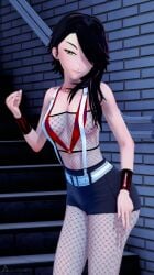 1girls amber_eyes arrancon black_hair black_hair_female cinder_fall hair_over_one_eye half-dressed half_naked half_naked_female rwby solo_female street_walker