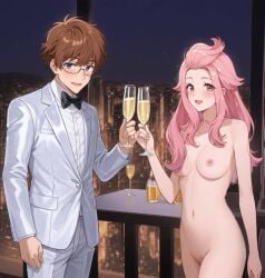 1boy 1boy1girl 1girls :d ai_generated bedroom black_eyes blush bowtie breasts brown_hair casual casual_nudity champagne champagne_bottle champagne_glass city city_background cityscape clothed clothed/nude clothed_male clothed_male_nude_female completely_naked completely_naked_female completely_nude completely_nude_female couple cute etra-chan_saw! female formal glasses hair_over_one_breast holding_glass hourglass_figure hourglass_figured_female katsura_(etra-chan_saw!) looking_at_viewer male male/female medium_breasts naked naked_female night night_sky nipples nude nude_edit nude_female nude_filter pink_eyes pink_hair pussy shiny_suit smile smiling smiling_at_viewer suit table toasting vagina white_suit wholesome wholesome_nudity youtube yuri_(etra-chan_saw!)