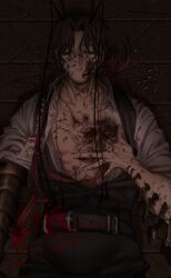 1boy antennae arthropod_limbs beard belt black_vest body_horror brown_hair collared_shirt commentary_request cowboy_shot curtained_hair exhausted exposed_muscle facial_hair glasgow_smile glasses gregor_(limbus_company) gregor_(project_moon) guro half-closed_eyes hand_on_own_chest highres hole_in_chest hole_on_body id_card limbus_company lin55479926 looking_down low_ponytail maggot male_focus open_clothes open_shirt ponytail project_moon sfw shirt short_hair solo spiked_arm unethical_faps vest white_shirt