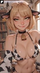 ai_generated ashley_graham ashley_graham_(ella_freya) blonde_hair breasts capcom cleavage cow_ears cow_girl cow_horns cow_print_bikini female green_eyes looking_at_viewer medium_breasts morganx resident_evil resident_evil_4 resident_evil_4_remake seductive_smile selfie stomach