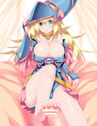 1boy 1girls bangs barefoot bed blonde_hair blue_eyes blue_hat blush breasts bust calcio censor_bar censored cleavage closed_mouth cowboy_shot dark_magician_girl dress duel_monster feet female gradient_hair green_eyes hair_between_eyes hat highres huge_breasts jewelry large_breasts long_hair looking_at_viewer male masturbation multicolored_hair necklace nipples off_shoulder on_bed penis pentacle shiny shiny_hair shiny_skin smile soles toes witch_hat wizard_hat yu-gi-oh! yu-gi-oh!_duel_monsters