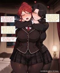 2girls ai_generated blush breasts cinder_fall curvaceous curvaceous_body curvy curvy_body curvy_female english_text female hair_over_one_eye heart indoors long_hair multiple_girls pantyhose pyrrha_nikos red_hair rwby school_uniform scinna self_upload skirt stable_diffusion voluptuous voluptuous_body voluptuous_female yellow_eyes