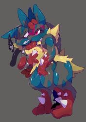 3_fingers 3_toes anthro aura black_body black_fur black_inner_ear blue_body blue_ears blue_fur bodily_fluids bound bound_neck canid canine canis clenched_teeth duo emanata exclamation_point facial_markings feet fingers fist fondling forced forced_groping full-length_portrait fur fur_markings generation_4_pokemon generation_6_pokemon genital_fluids gloves_(marking) grey_background grope groping_chest groping_crotch hand_between_legs hand_on_chest hand_on_head head_markings hi_res hug hugging_another hugging_from_behind jinnosound leg_markings lucario male male_only mammal markings mask_(marking) mega_evolution mega_lucario nintendo one_eye_closed pokemon pokemon_(species) portrait red_aura red_body red_eyes red_fur red_markings sexual_assault simple_background smile smirk smirking_at_partner smug_face smug_grin socks_(marking) sparks speech_bubble spikes spikes_(anatomy) squirming teeth teeth_showing toes white_eyes wounded yellow_body yellow_fur