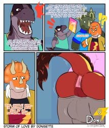 absurd_res anthro anus api_(donisette) ass body_hair bone_frill bottomwear butt_hair centrosaurine ceratopsian ceratopsid chasmosaurine chibi chomp_(dinosaur_king) clothing comic daspletosaurus dialogue dinosaur dinosaur_king_(series) donisette frill_(anatomy) group hekil_(donisette) hi_res horn male male/male marginocephalian ornithischian pants prehistoric_species presenting presenting_hindquarters reptile saurischian scalie styracosaurus surprised sweatpants tail_hair terry_(dinosaur_king) theropod ticket triceratops tyrannosaurid tyrannosauroid tyrannosaurus tyrannosaurus_rex wardrobe_malfunction
