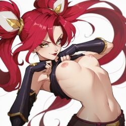 ai_generated brocolibaron curvy curvy_figure inviting jinx_(league_of_legends) league_of_legends sexy shirt_lift star_guardian_jinx star_guardian_series