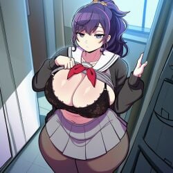 1girls ai_generated asahina_mafuyu black_bra blank_stare flashing flashing_breasts high-angle_view huge_breasts lingerie looking_at_viewer miyamasuzaka_girls'_academy_school_uniform navel novelai project_sekai school school_uniform skirt thick_thighs tights