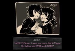 1boy 1girls 2d andrew_graves ashley_graves black_hair breasts brother_and_sister choker closed_eyes dialogue english_text female fuzzlogik green_eyes incest male nipple_pinch nipple_play nipples pinching_nipples ponytail shirt_lift siblings straight the_coffin_of_andy_and_leyley