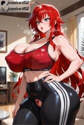 ahoge ai_generated alternate_breast_size areola_slip ass bangs bare_shoulders black_pants blue_eyes blush bra breasts breath cleavage clothing collarbone couch covered_nipples crossed_bangs crotch_cutout crotchless curtains curvy drawing_(object) female female_only female_pubic_hair hair_between_eyes hand_on_own_hip high-waist_pants high_school_dxd huge_breasts huge_nipples indoors jennieart02 large_areolae large_breasts lips lipstick long_hair looking_at_viewer mature_female midriff nail_polish navel open_mouth pants parted_lips patreon patreon_logo patreon_username plant potted_plant pubic_hair pussy red_hair red_lips red_nails red_sports_bra rias_gremory skindentation solo sports_bra sportswear standing sweat table television thick_thighs thighs tight_clothes tight_pants torn_pants twitter twitter_username undersized_clothes very_long_hair watermark wide_hips window yoga_pants