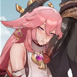 after_fellatio ai_generated blank_eyes churlbaitqueen cum cum_on_breasts cum_on_face dark-skinned_male fox_ears genshin_impact giant_penis hand_on_another's_head hilichurls_(species) interracial leaking_cum penis_on_face pink_hair purple_eyes yae_miko