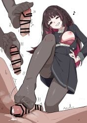 1boy absurdres bar_censor bra braid breasts censored commentary commission cum feet female femdom foot_focus foot_out_of_frame footjob gakuen_idolmaster highres idolmaster legs long_hair medium_breasts multicolored_hair nipples no_shoes ohgi910 one_breast_out pantyhose penis pixiv_commission shirakusa_shion soles straight toe_scrunch toes underwear