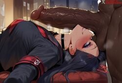 1boy ai_generated armband black_choker black_hair black_sailor_collar black_serafuku black_shirt blue_archive blue_eyes blush breasts choker clothing dark-skinned_male dark_skin duxvector erection female from_side grin hair_ornament hairclip halo huge_cock ichika_(blue_archive) interracial large_breasts large_penis long_hair long_sleeves looking_at_viewer lying makeup male neckerchief on_back patreon_logo patreon_username penis red_armband red_halo red_neckerchief safety_pin sailor_collar school_uniform serafuku shirt smile solo_focus straight sweat testicles uniform veins veiny_penis very_dark_skin