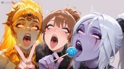 3girls ahe_gao ai_dota_ai ai_generated blonde_hair blush brown_eyes brown_hair candy colored_skin dota_2 drow_ranger eyeshadow facial_mark food forehead_jewel grey_background high_ponytail holding holding_candy holding_food holding_lollipop lollipop long_hair looking_up makeup marci multiple_girls open_mouth orange_eyes ponytail purple_skin red_eyes rolling_eyes runny_makeup saliva saliva_trail simple_background sweat teeth tongue tongue_out upper_teeth_only v valora_the_dawnbreaker white_hair yellow_eyes