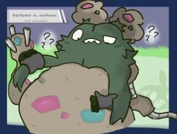 blush blush_lines breast_play breasts confusion female garbodor generation_5_pokemon nakeilyar nintendo overweight overweight_female pokemon pokemon_(species) pokemon_battle question_mark shocked solo speech_bubble trubbish