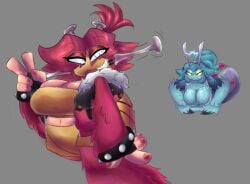 2girls arachnid arackulele arm_fur big_blue_bubble big_breasts leg_fur monster monster_girl my_singing_monsters piplash red_hair red_nails shatmyself spider