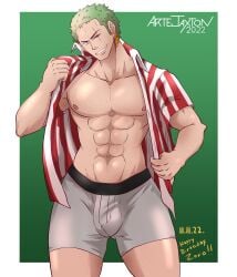 1boy abs artejaxton bara bara_tiddies bara_tits barazoku bigger_male bulge bulge_through_clothing bulge_under_clothes defined_jawline defined_muscles earrings exibitionism gay gray_underwear green_background green_hair half-dressed half-dressed_male half_naked half_naked_male half_nude half_nude_male happy_birthday homoerotic japanese_male looking_at_penis male male_focus male_only manly masculine masculine_male muscles muscular muscular_male no_pants no_visible_genitalia one_piece pecs pectorals penis_in_underwear pirate removing_shirt roronoa_zoro scar scar_across_eye scar_on_face shirt shirt_open simple_background six_pack smile smiling solo solo_focus solo_male striped_shirt tall tall_male taller taller_male trapezius underwear yaoi zoro zoro_(one_piece)