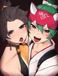 2d 2girls anran blizzard_entertainment boob_window boobs_pressed bowtie bowtie_on_head brown_eyes brown_hair earrings exposed_shoulders face_markings green_hair jerkoff_visual_assistance kemono kiriko_(overwatch) open_mouth overwatch overwatch_2 ponytail tounge_out