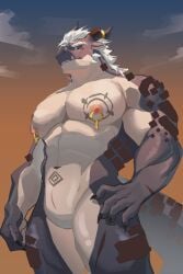 2025 2:3 2_horns abs animal_genitalia anthro belly_tattoo brown_body brown_eyes chest_tattoo cloud cloudy_sky countershade_torso countershading digital_media_(artwork) dragon facial_spikes genital_slit genitals hair hi_res horn horn_jewelry horn_ring jaw_spikes jewelry looking_at_viewer male muscular muscular_anthro muscular_male mythological_creature mythological_scalie mythology navel nipple_piercing nipple_ring nipples nude outside pecs piercing portrait ring_(jewelry) ring_piercing scalie sky solo spikes spikes_(anatomy) tail tattoo three-quarter_portrait white_hair wiltbergerfeis1 wingless_dragon