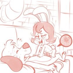 1:1 a_chuck_e_cheese_christmas anthro bella_bunny blush bodily_fluids canid canine canis chuck_e_cheese_(franchise) closed_eyes cowgirl_position domestic_dog duo female from_front_position furniture hair jasper_t_jowls lagomorph leporid lidded_eyes male male/female mammal nipples on_bottom on_furniture on_top rabbit sex sofa sweat sweatdrop tail tongue tongue_out unknown_artist vaginal_penetration window