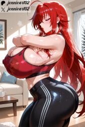 ahoge ai_generated alternate_breast_size alternate_costume artist_name ass bangs bare_shoulders black_pants blush bra breasts cleavage closed_eyes clothing couch covered_nipples cup curtains curvy english_text female from_side gigantic_breasts hair_between_eyes high_school_dxd huge_ass huge_breasts huge_nipples indoors jennieart02 large_areolae large_breasts lips lipstick long_hair makeup mature_female mug on_couch pants patreon patreon_logo patreon_username plump puckered_lips puffy_nipples red_hair red_lips red_sports_bra rias_gremory sideboob solo sports_bra sportswear standing sweat table thick_thighs thighs tight_clothes tight_pants twitter twitter_username undersized_clothes very_long_hair watermark window yoga_pants