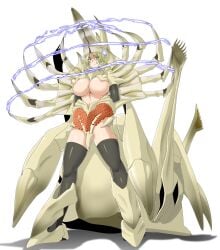 adapted_costume alien areola_slip armor bikini_armor blonde_hair blue_electricity blue_eyes breasts cosplay daiei_film egg egg_sac electricity electrokinesis energy energy_barrier energy_field female gamera_(series) gamera_2:_attack_of_legion giant giant_monster glowing glowing_eyes highres kaiju large_breasts legion_(kaiju) looking_at_viewer looking_down monster monster_girl pasties personification revealing_clothes saizu_nitou_gunsou simple_background space_monster underboob white_background