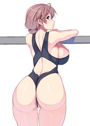 ass bare_shoulders blue_eyes breasts brown_hair censored female from_behind highres large_breasts looking_at_viewer looking_back masao nipple_slip nipples original pussy short_hair simple_background smile swimsuit thighs white_background