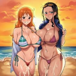 2girls ai_generated areola_slip asymmetrical_docking bare_shoulders beach bikini black_hair blue_eyes blue_jacket blush breast_press breasts brown_eyes cleavage closed_mouth cloud collarbone cowboy_shot cuckold cum cum_on_body cum_on_breasts earrings evening eyewear_on_head female female_only green_bikini grin groin hair_slicked_back huge_breasts jacket jewelry large_breasts long_hair looking_at_viewer micro_bikini multiple_girls nami_(one_piece) navel netorare nico_robin nipple_slip nipples ocean one_piece open_clothes open_jacket orange_eyes orange_hair outdoors shoulder_tattoo side-tie_bikini_bottom sky smile standing stomach striped_bikini striped_clothes sunglasses sunset sweat swimsuit tattoo thighs zeulzin