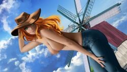 1girl alternate_version_available butt farm_and_girls_(game) female female_focus game_cg green_eyes hat kotovodk_studio_(publisher) no_bra pale-skinned_female pale_skin pants solo solo_focus standing