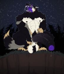 abs anthro ball_tuft balls big_balls big_muscles big_penis big_pubes black_body black_claws black_fur black_nipples black_penis blackmist333 bodily_fluids canid canine claws crouching empty_eyes fangs foreskin front_view fur genitals glans grass grey_body grey_fur gryblak hi_res huge_balls huge_cock huge_muscles humanoid_genitalia humanoid_penis hyper hyper_genitalia hyper_penis male male_anthro mammal muscular muscular_anthro muscular_male navel night nipples nude open_mouth outside pecs penis plant pubes purple_eyes purple_glans purple_tongue saliva saliva_string solo tan_body tan_fur tar teeth tongue tongue_out tree tuft vein veiny_penis white_body white_fur