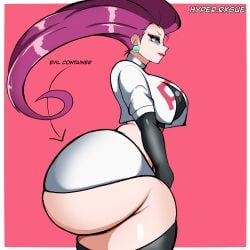 ass black_legwear blue_eyes bubble_butt dumptruck_ass earrings evil_container fat_ass female gluteal_fold huge_ass hyperrxgue jessie_(pokemon) large_breasts lipstick long_hair musashi_(pokemon) phat_ass pink_background pink_hair pokemon short_shorts side_view simple_background skindentation team_rocket thick_ass thick_thighs thighhighs white_shorts