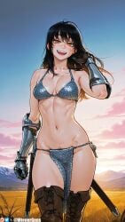 :d abs ai_generated armor bikini bikini_armor black_hair boots breasts brown_footwear chainsaw_man cleavage cloud collarbone female female_pubic_hair gauntlets gloves loincloth long_hair looking_at_viewer medium_breasts navel open_mouth orange_eyes outdoors patreon_username pelvic_curtain pubic_hair pubic_hair_peek scar scar_on_face sheath sheathed sky smile solo standing stomach swimsuit sword teeth thigh_boots thighhighs toned upper_teeth_only weapon wienergens yoru_(chainsaw_man)
