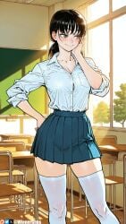 ai_generated black_hair blue_skirt blush breasts brown_eyes button_gap chainsaw_man chair chalkboard classroom cleavage closed_mouth collarbone collared_shirt desk female hand_on_own_cheek hand_on_own_face hand_on_own_hip indoors large_breasts long_hair looking_to_the_side low_twintails mitaka_asa patreon_logo patreon_username pleated_skirt school_chair school_desk school_uniform shirt shirt_tucked_in skindentation skirt sleeves_rolled_up smile solo standing sunlight thighhighs thighs twintails white_shirt white_thighhighs wienergens window zettai_ryouiki