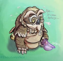 air_puff anthro arm_tuft avian beak beard belly big_belly bird black_beak bodily_fluids braided_beard braided_hair breath_of_the_wild brown_body brown_feathers catch_condom claws colored condom cum cum_on_penis dialogue ejaculation elderly_male english_text facial_hair feather_hands feathers feet filled_condom foreskin genital_fluids genitals green_background hair handjob head_tuft humanoid_genitalia humanoid_penis kaneli_(tloz) looking_at_genitalia looking_at_penis looking_pleasured male masturbation moustache nintendo onomatopoeia open_beak open_mouth overweight overweight_male owl penile penis purple_condom rito sex sexual_barrier_device shaded shoulder_tuft signature simple_background solo sound_effects tail tail_feathers talons text the_legend_of_zelda toe_claws toes tuft undergreysnest watermark wearing_condom winged_arms wings