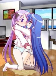 blue_panties boyshorts kagami_hiiragi konata_izumi lucky_star no_pants panties peeing peeing_self striped_panties tagme yuri