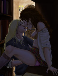 2girls artist_request book books bra breasts female female_only fingering gryffindor harry_potter hermione_granger library luna_lovegood nipples panties ravenclaw ravenclaw_tie school_uniform schoolgirl shirt skirt tagme teen teenage_girl teenager teenager_on_teenager yuri