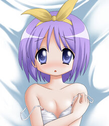 1girls bra_lift female female_only final_(artist) lingerie looking_at_viewer lucky_star open_mouth purple_hair short_hair short_purple_hair solo tsukasa_hiiragi underwear