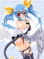 1girls ass asymmetrical_wings blue_hair blush bow breasts chikkuru dizzy_(guilty_gear) female guilty_gear hairbow large_breasts no_panties red_eyes ribbon sideboob solo tail tail_ribbon thighhighs tickled_pink tied_hair twintails wings