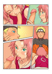 1boy 1girls blonde_hair blue_eyes blush censored closed_eyes comic cum drooling facial fellatio female forehead_protector green_eyes human male naruto naruto_shippuden oral penis pink_hair sakura_haruno saliva short_hair silent_comic straight sucking_penis sweat tongue uzumaki_naruto yamamiya_hiroshi